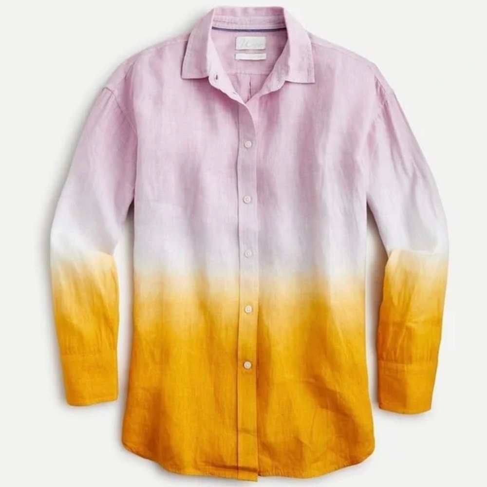 J Crew Button Up Shirt 100% Irish Linen Dip Dye
Blouse Top Orange Pink